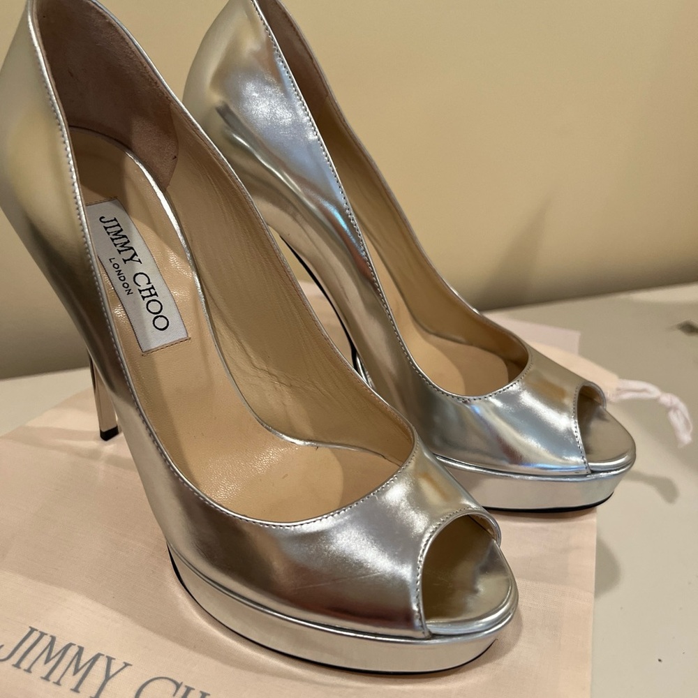 Jimmy Choo silver size 8 peep toe high heel